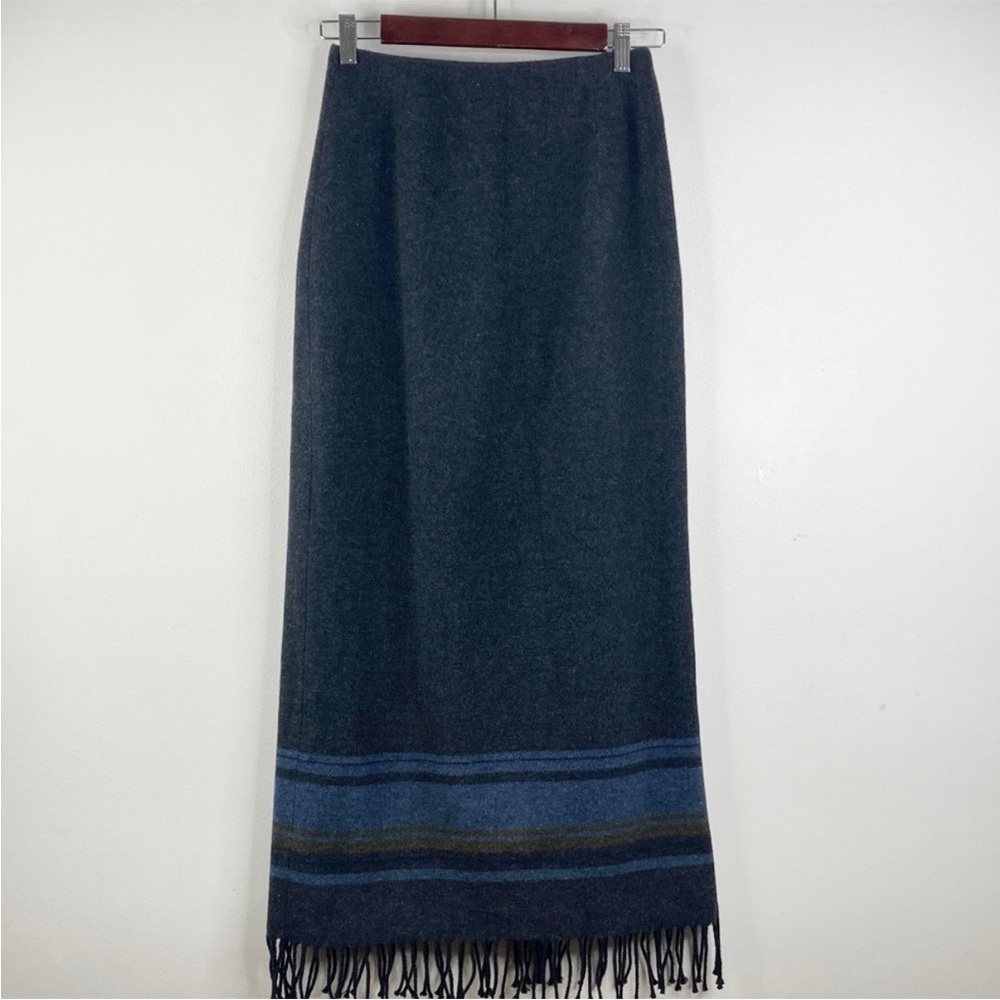 Vintage Maxi Skirt Womens 2 Gray Flannel Blue Blanket Stripe Fringe Long Preppy